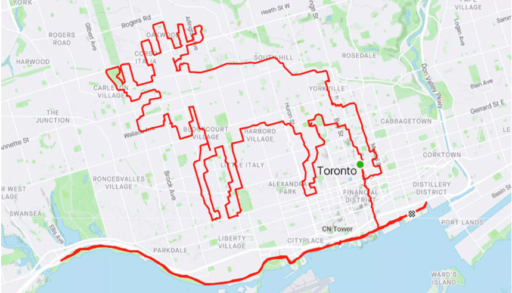 moose route highlighted on a map of downtown Toronto for cycling contest winner