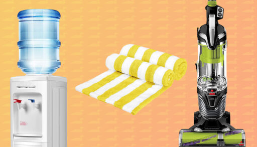 cottage necessities on a orange ombre background including a vacuum, water cooler, and beach towels