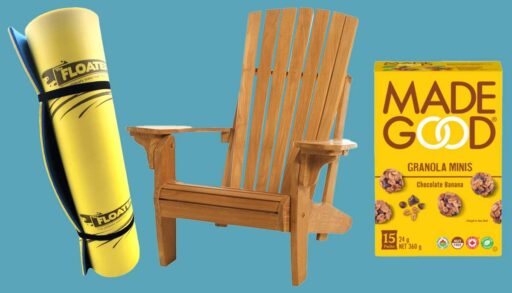 exhibitor products including teak muskoka chair, floater mat, and madegood