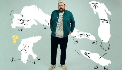 Donovan Woods stands on a blue background surrounded by anthropomorphic sketches of the Great Lakes who are grumpy about his ranking