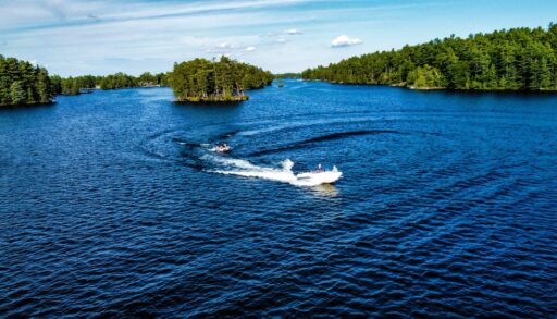 Arial shots of boating and kawartha lakes in Ontario Canada Cottage Country, marina